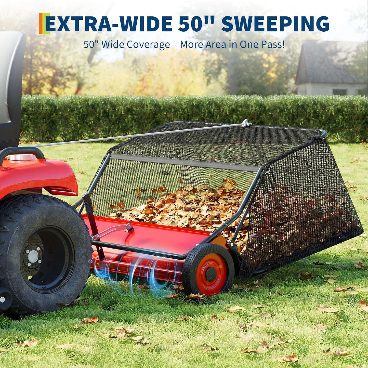 50" Lawn Sweeper Tow Behind,26 Cu ft Hopper Leaf & Grass Collector