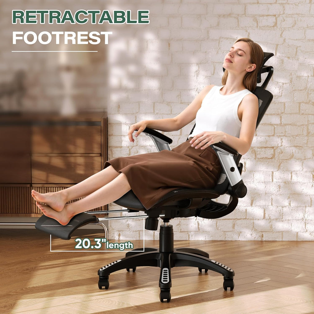 Ergonomic Office Chair with Footrest, High Back Home Desk Chair - 3D Headrest, Flip-Up Arms, 135° Tilt and Wide