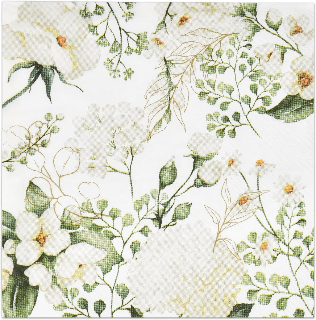White Green Floral Cocktail Napkins 100 Count Botanical Beverage Napkins