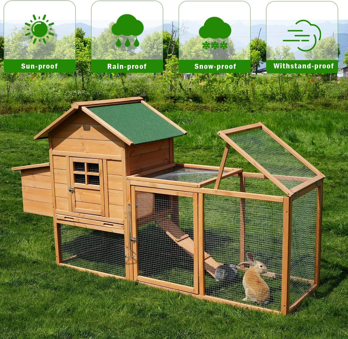 80" Chicken Coop with Run, Predator-Proof Wooden Hen House for 2-4 Chickens, Waterproof Outdoor Poultry Cage with