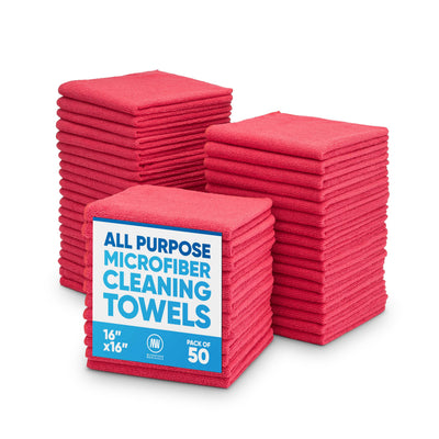 16" x 16" All Purpose Towels - 50 Pack - Reusable Wash Cloths, Dust, Kitchen, Car, Shop Rags for Cleaning (Red)