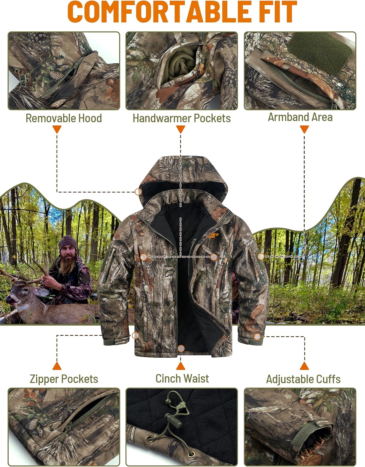 Insulated Hunting Jacket for Men Cold Weather, Warm Camo Hunting Jackets with Hood, Water Resistant Hunting Clothes
