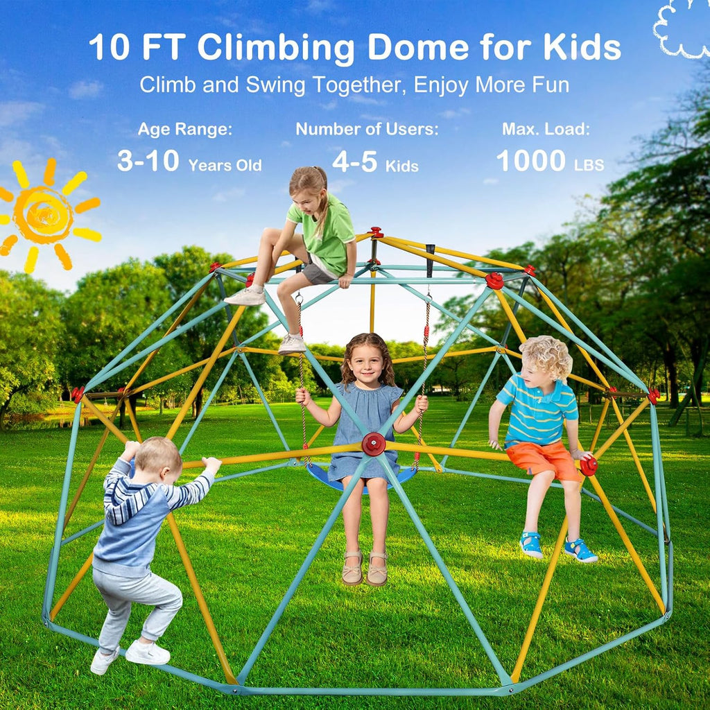 10FT Climbing Dome with Swing – Kids Jungle Gym for Ages 3-10, 1000LB Capacity Geometric Dome Climber, Anti-Rust
