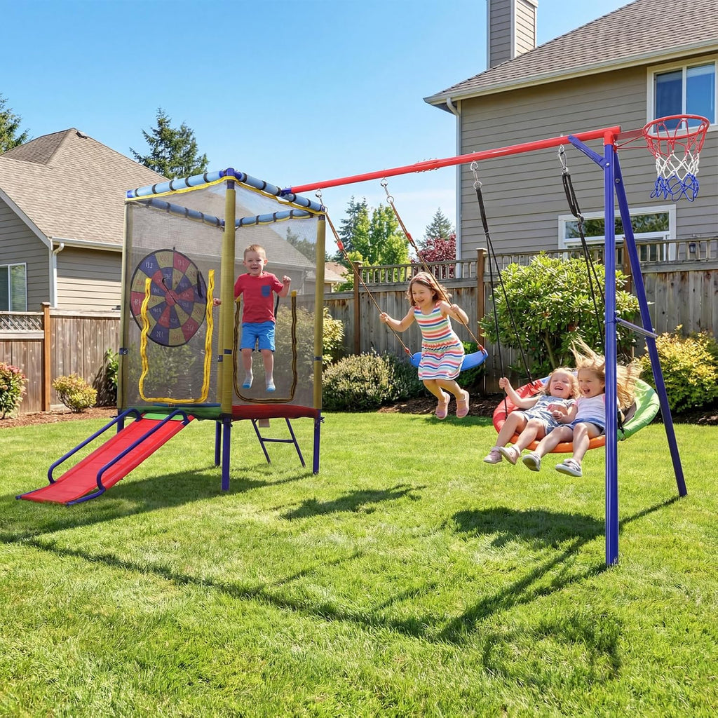 Swing Sets for Backyard, 6 in 1 Outdoor 440LBS Heavy Duty A-Frame Metal Stand with Trampoline, Slide, Saucer Swing