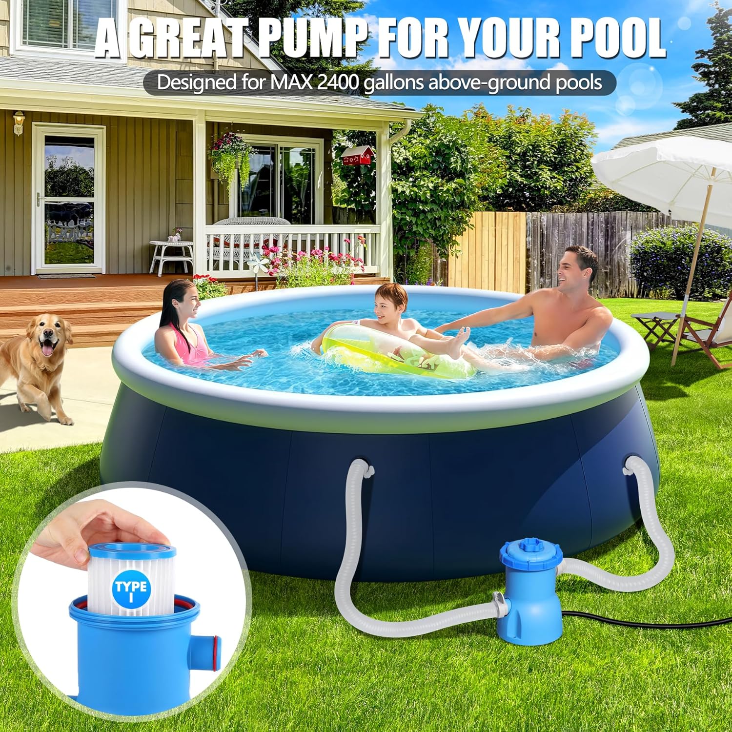 300 GPH Pool Filter Pump for Small Above Ground Pools, ETL Certified Pool Cartridge Filter Pump System with GFCI