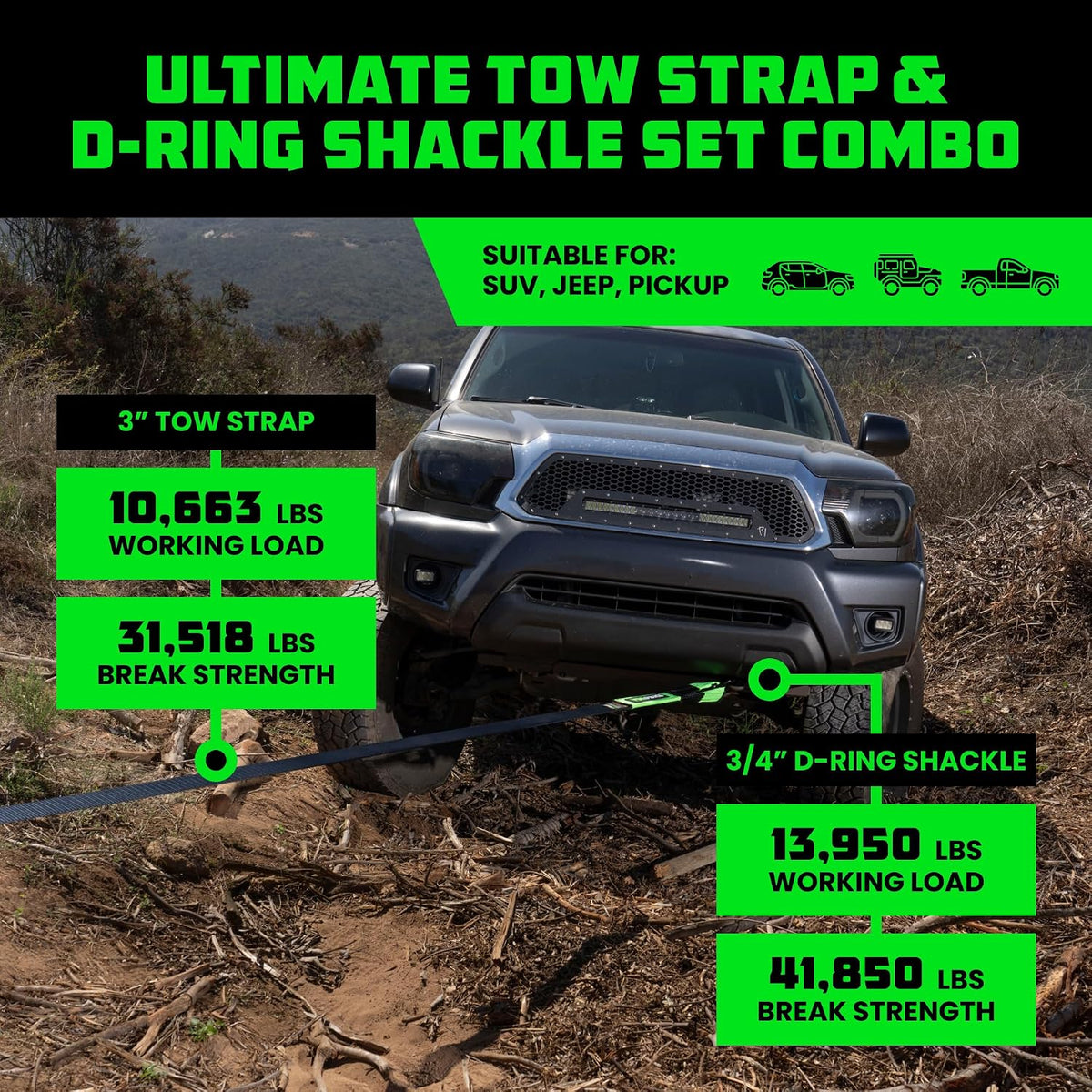 Recovery Combo Kit - 30ft Tow Strap & D-Ring Shackles