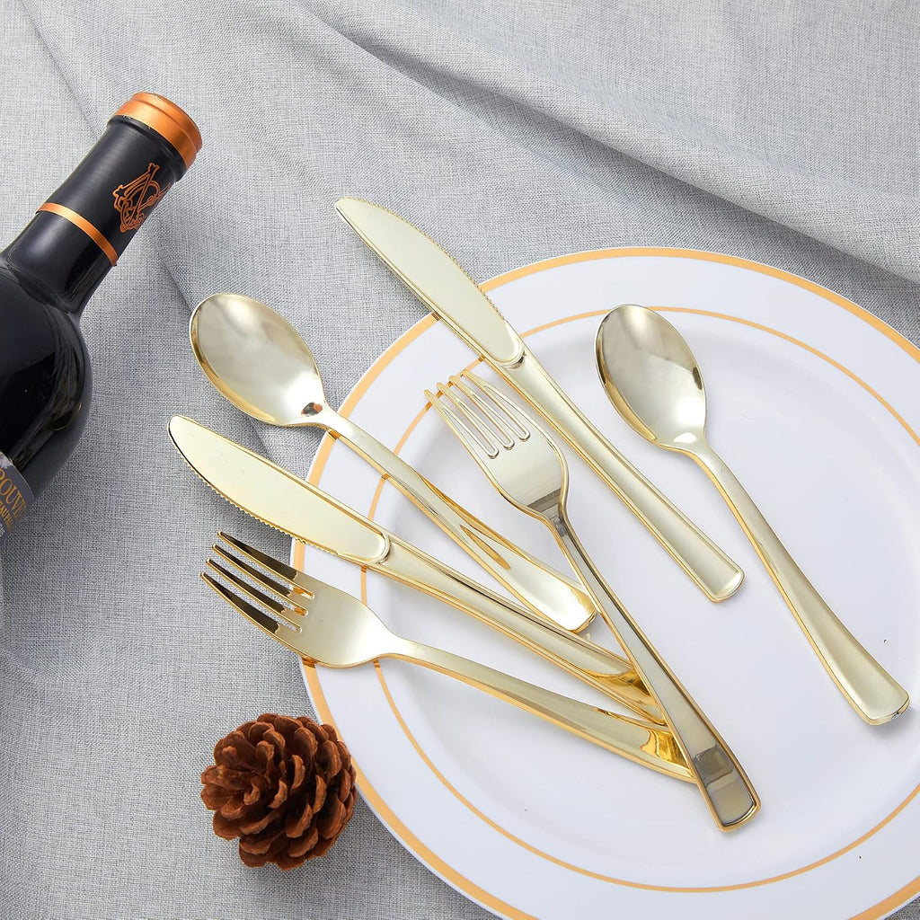 300PCS Gold Plastic Silverware, Disposable Plastic Cutlery/Utensils
