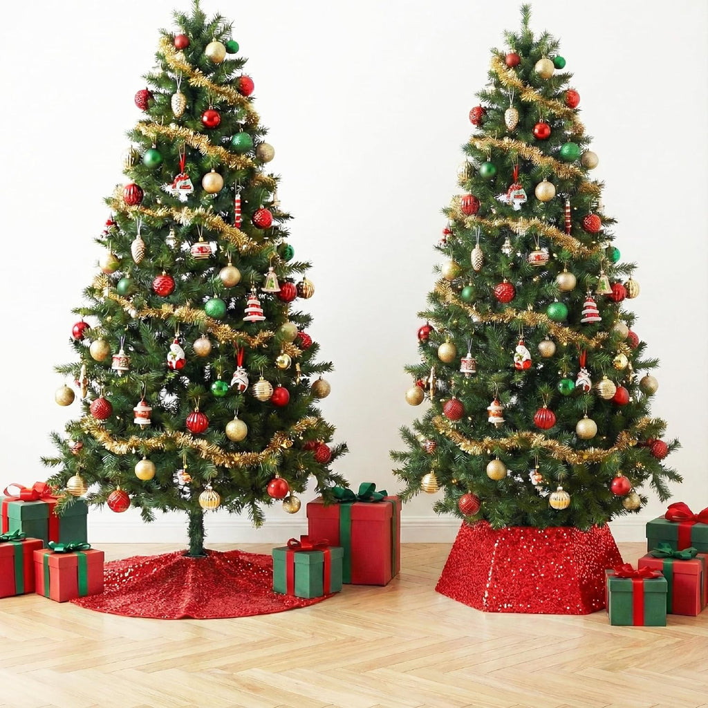Red Sequin Christmas Tree Skirt and Tree Collar | 36 Inch Sparkly Base Cover, 24.8 Inch Foldable Sparkling Sequin