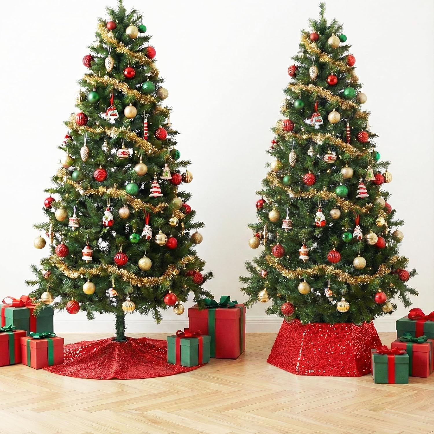 Red Sequin Christmas Tree Skirt and Tree Collar | 36 Inch Sparkly Base Cover, 24.8 Inch Foldable Sparkling Sequin