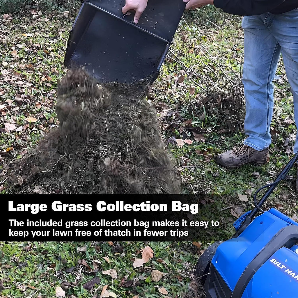 16 Inch Dethatcher Scarifier Electric Powered, 15 Amp Copper Motor, 5-Position Depth Adjustment, 14.5 gal Thatch Bag