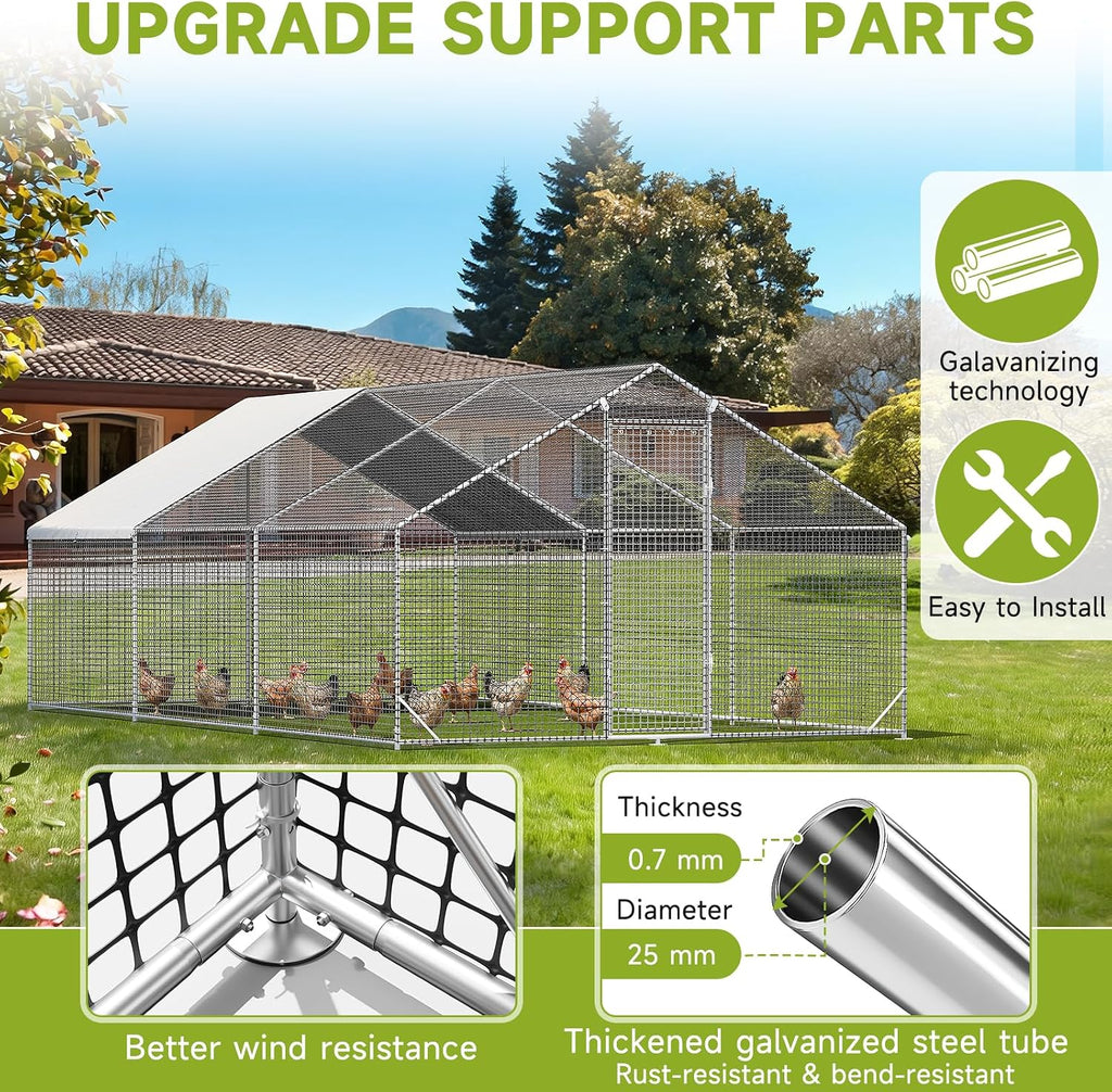 Large Walk-in Chicken Coop with Chicken Run, Galvanized Poultry Enclosure with Waterproof Anti-UV Cover and Security
