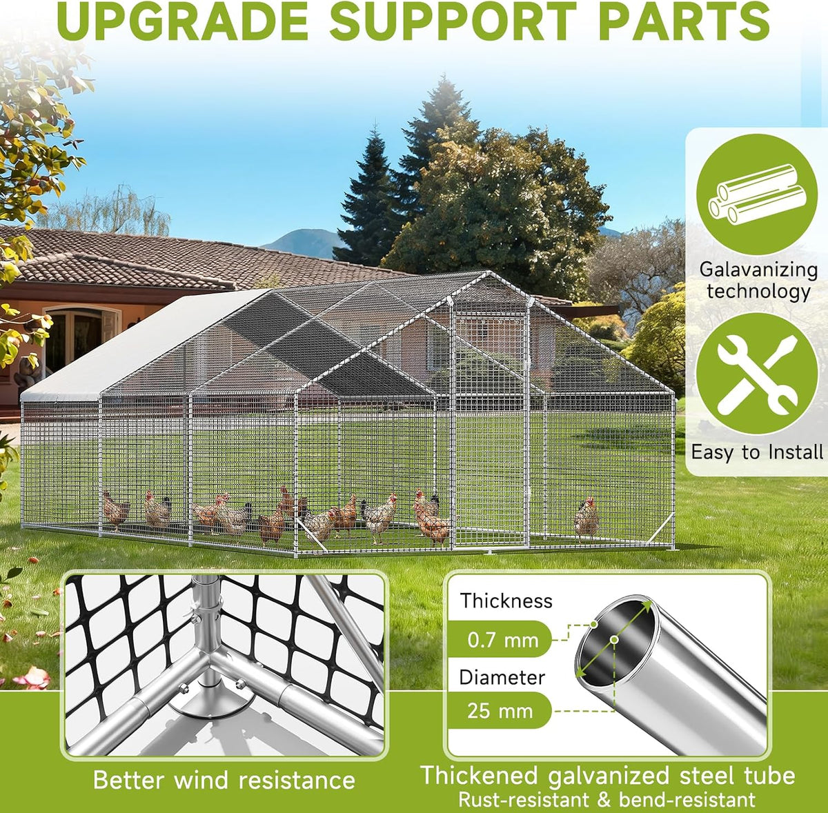 Large Walk-in Chicken Coop with Chicken Run, Galvanized Poultry Enclosure with Waterproof Anti-UV Cover and Security