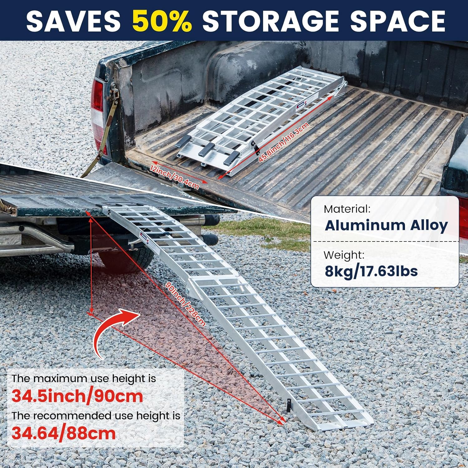 7.5FT Aluminum Loading Ramp, 850 lbs Capacity, Folding Ramp for Pickup Truck & Trailer with Load Straps, for Loading