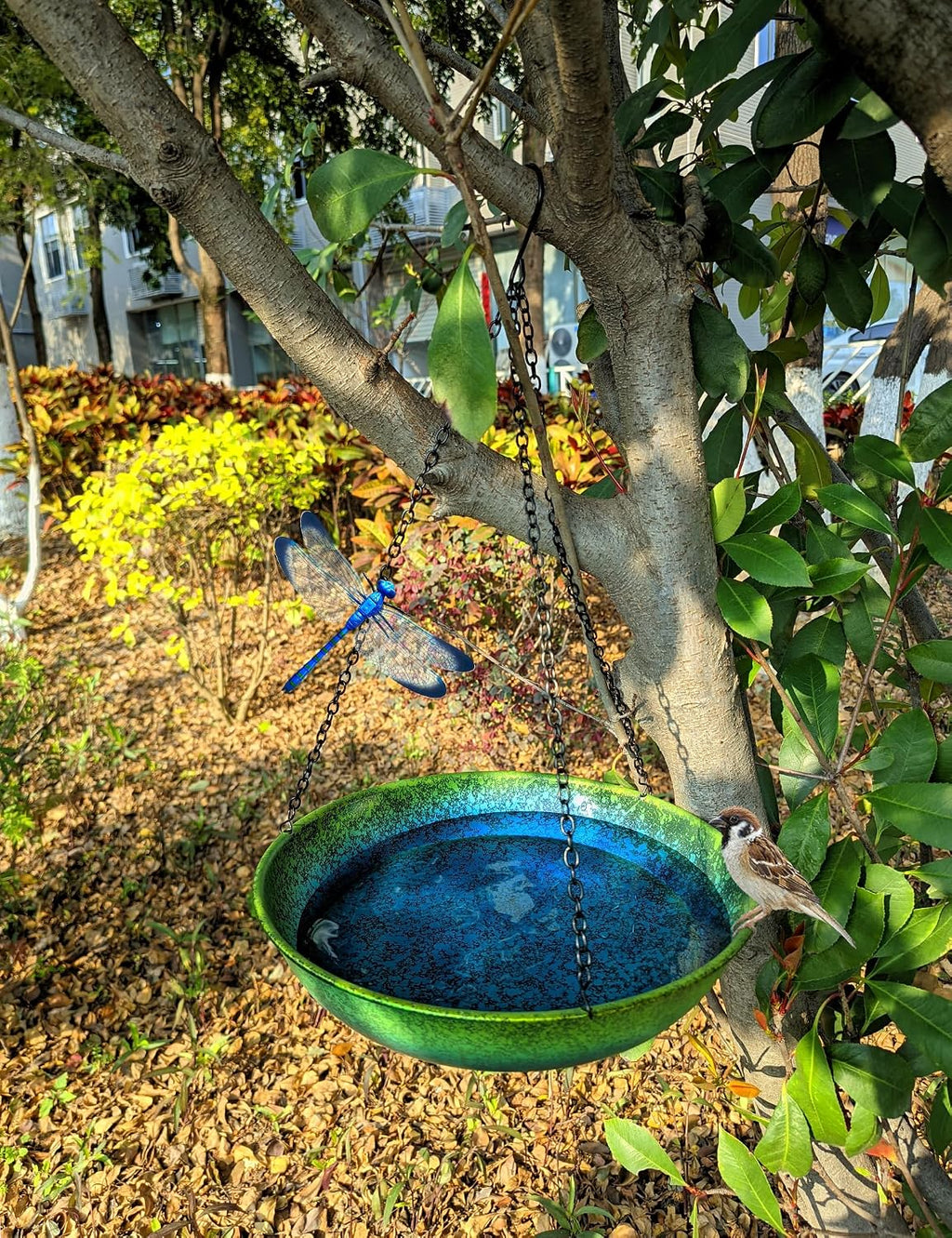 Hanging Bird Bath for Outside Metal Hanging Bird Feeder Window Birds Feeder Hand-Painted Blue and Green Gradient 11