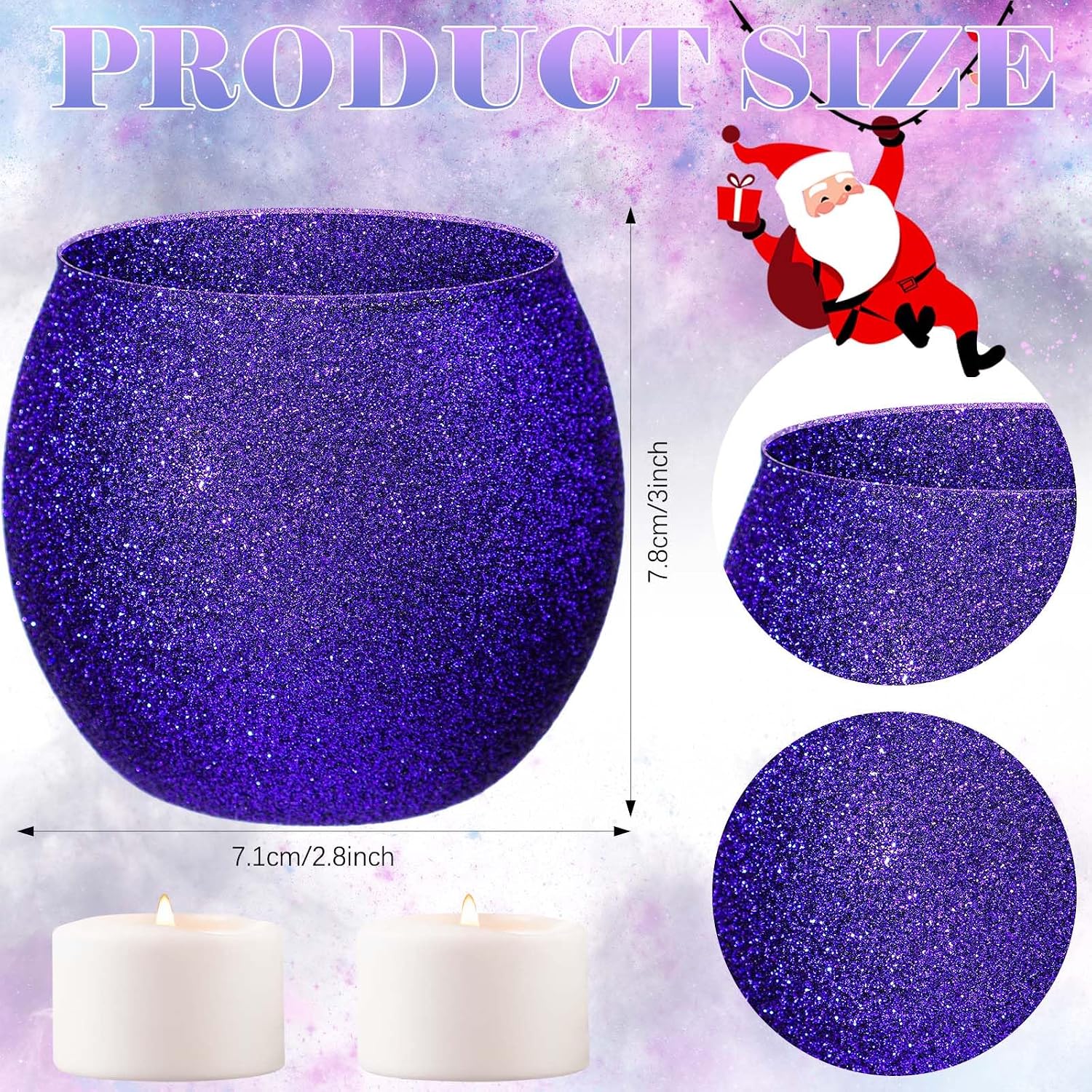 4 Set Christmas Advent Candle Holders Glass Glitter Tealight