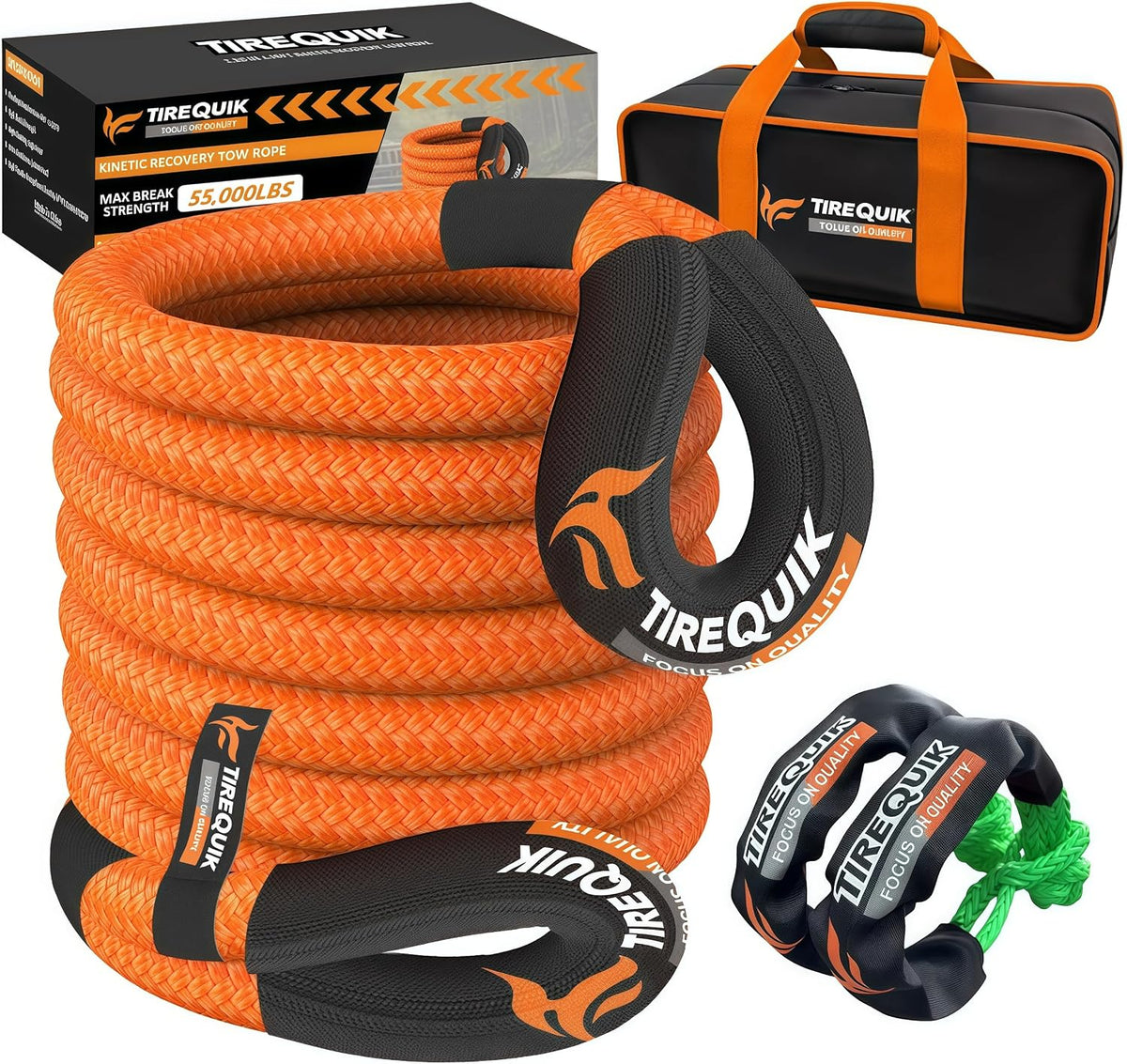 Kinetic Recovery Rope 1" x 30ft 48500lbs, Tow Strap with 2 Soft Shackles