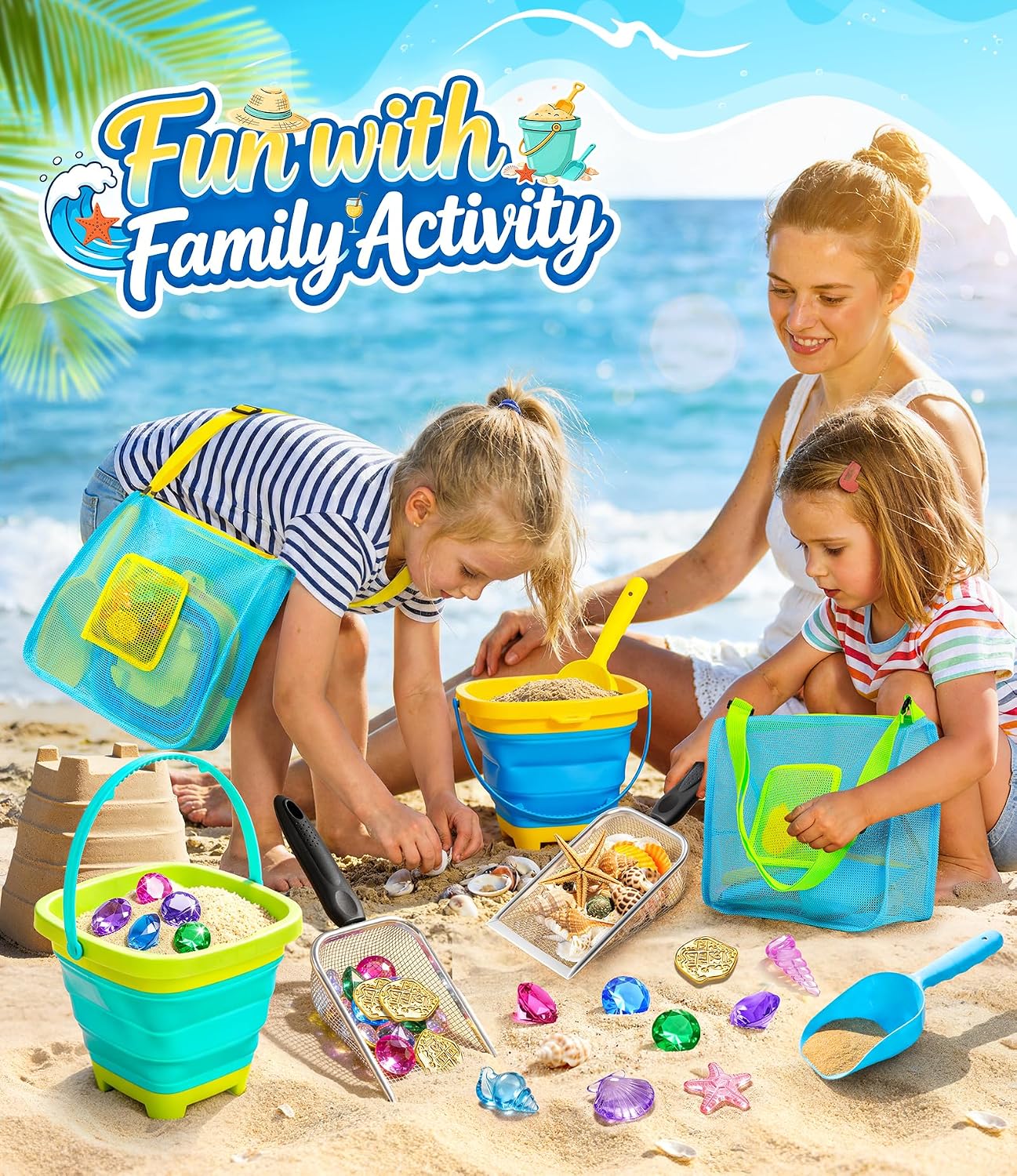 Beach Toys for Kids 24 Pcs Metal Sand Sifter Collapsible Beach Buckets Set | Stainless Steel Sand Shovel, Sandcastle