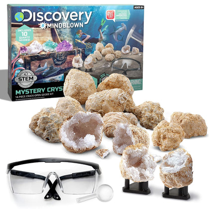 Mystery Crystal Geode Kit – Crack Open 10 Real Quartz Geodes| Includes Goggles, Magnifying Glass & Display Stands|