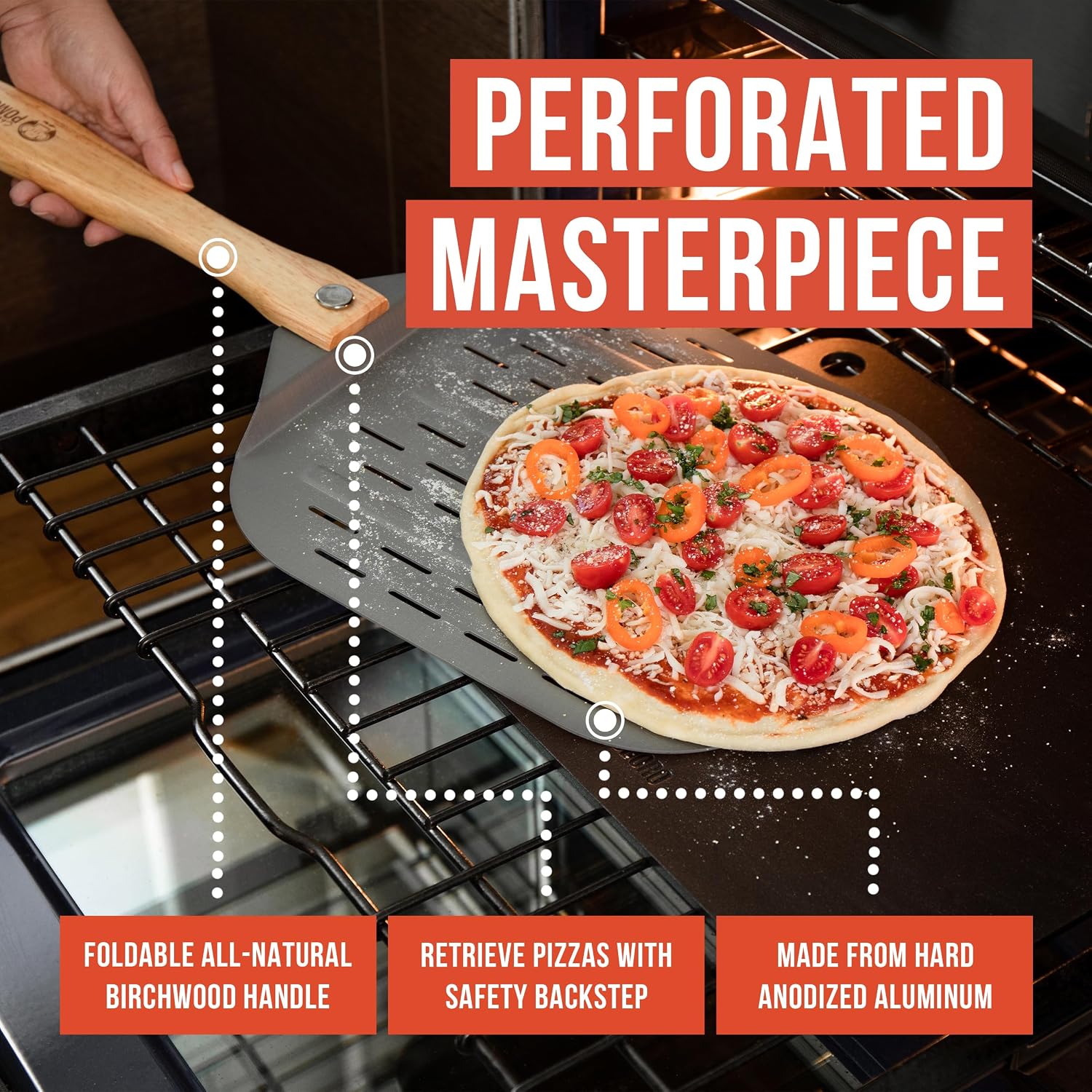 Perforated Aluminum Metal Pizza Peel with Foldable Wood Handle for Easy Storage (12 inch) and Pizza Turning Peel