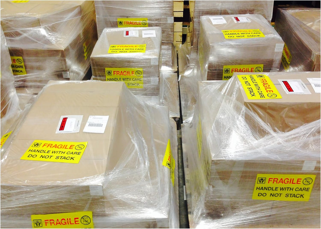 Jumbo Fluorescent Yellow "Fragile Handle with Care Do Not Stack" Pallet Labels, 250 Labels Per Roll