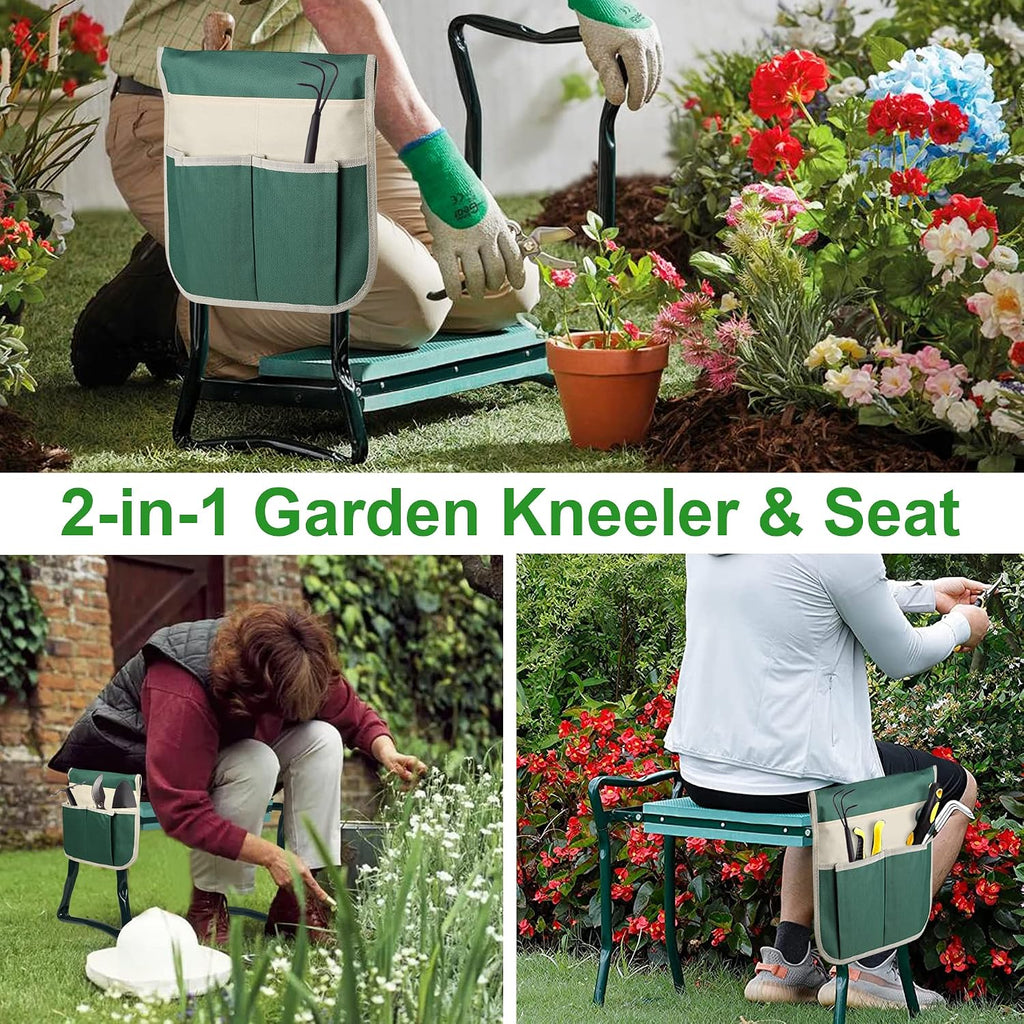 Foldable Garden Kneeler and Seat Heavy Duty Gardening Stool Kneeling Bench with Large Tool Pouch and Wider EVA Foam