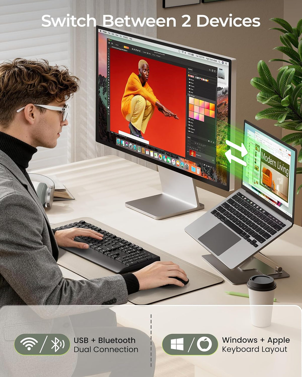 COE200 Wireless Bluetooth Keyboard and Mouse Combo with Wrist Rest | USB/Bluetooth multi-device switching, quiet keys