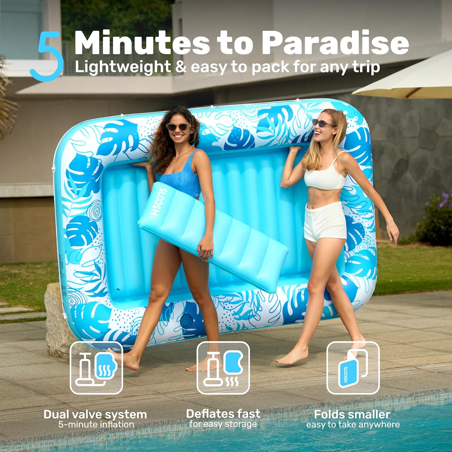 Inflatable Tanning Pool Lounger Float, 85" x 57" Extra Large Pool Floats Adult with Pillow, 4 in 1 Suntan Tub Raft