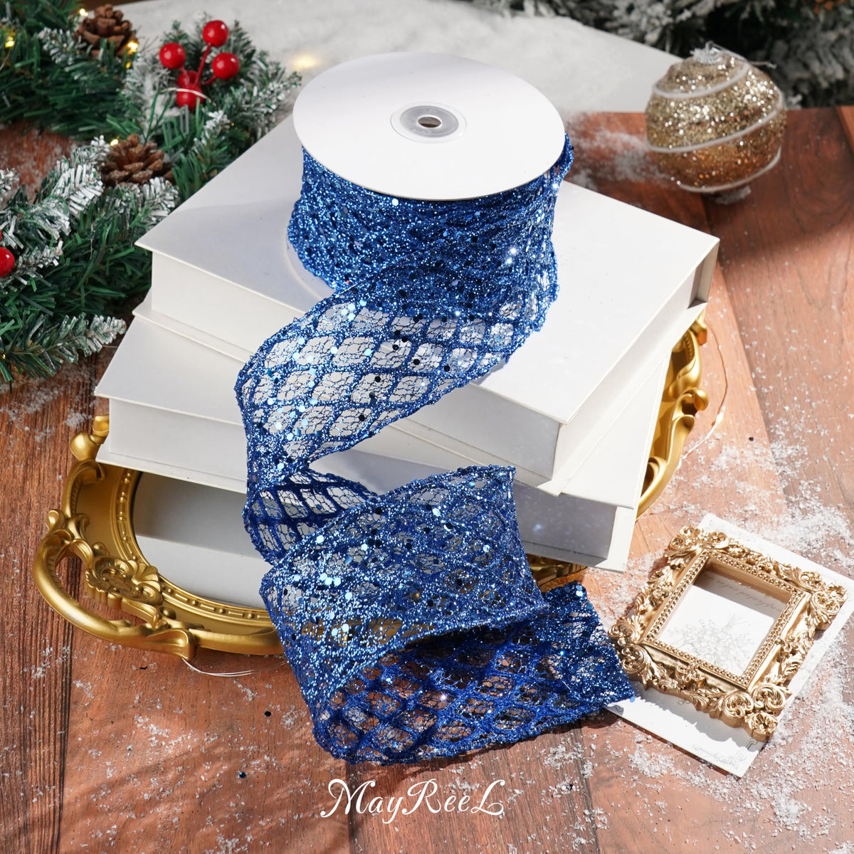 Dusty Blue Mesh Wired Ribbon 2.5 Inch 10 Yards
