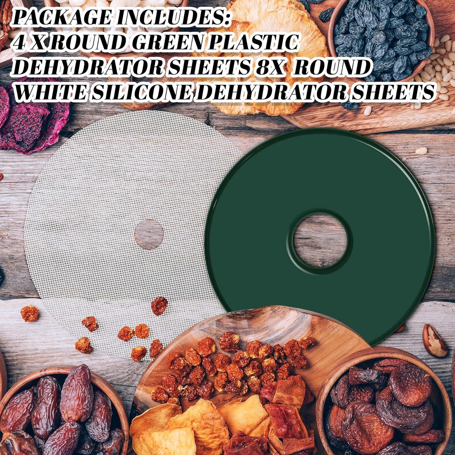 12 Pcs Round Silicone Dehydrator Sheets and Tray with Edges | Reusable Tray Liners for Fruit Meat Beef， Raised Edges