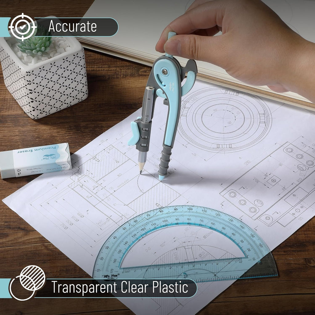 Geometry Compass and Protractor Set, 6 Inch Compass | 6 Inch Protractor, Drawing Tool for School, Clear Plastic, Easy