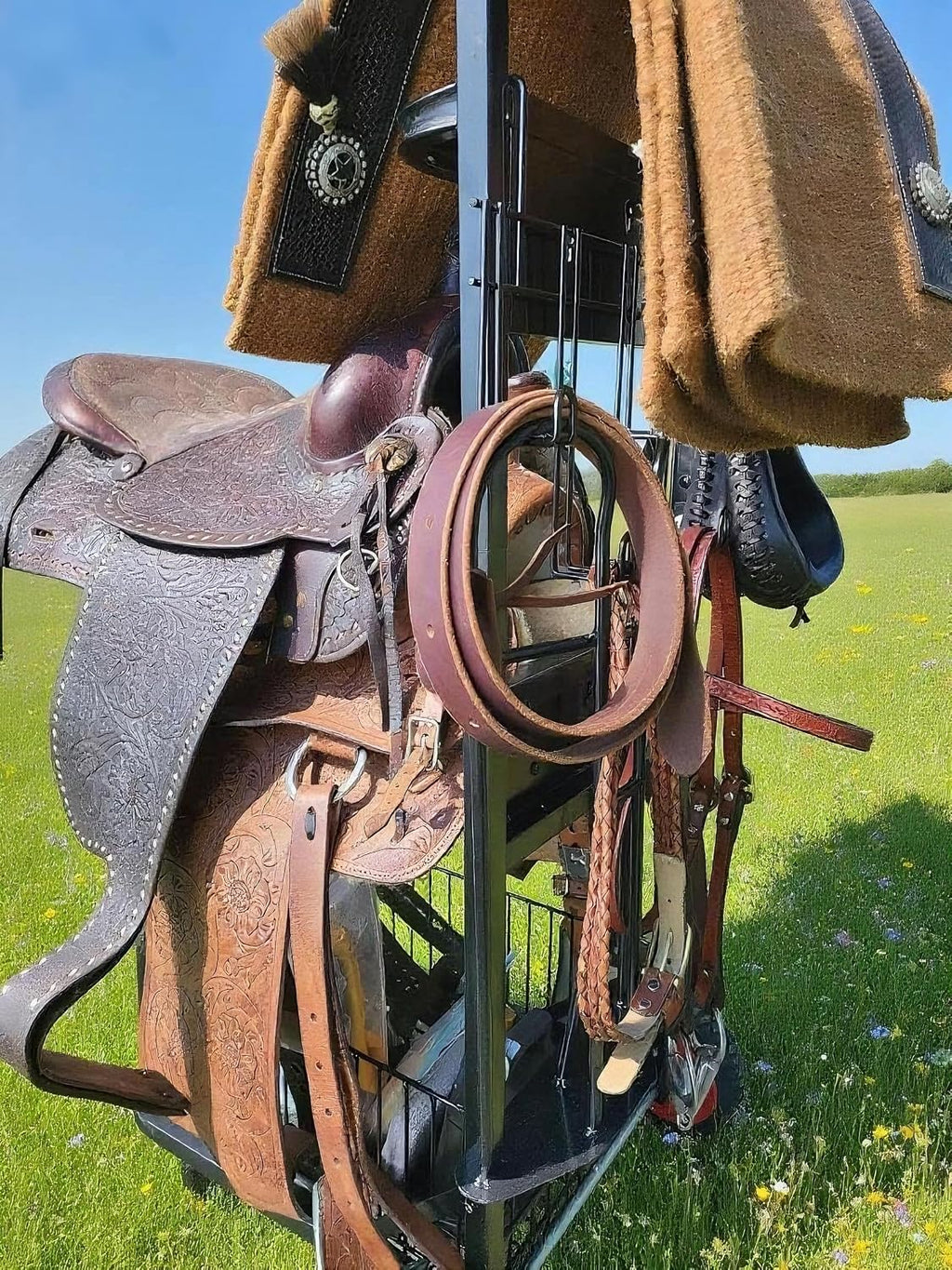 Rolling Horse Saddle Rack Cart Foldable Saddle Pad Rack Stand 3 Tier Heavy Duty with Removable Saddle Stands &