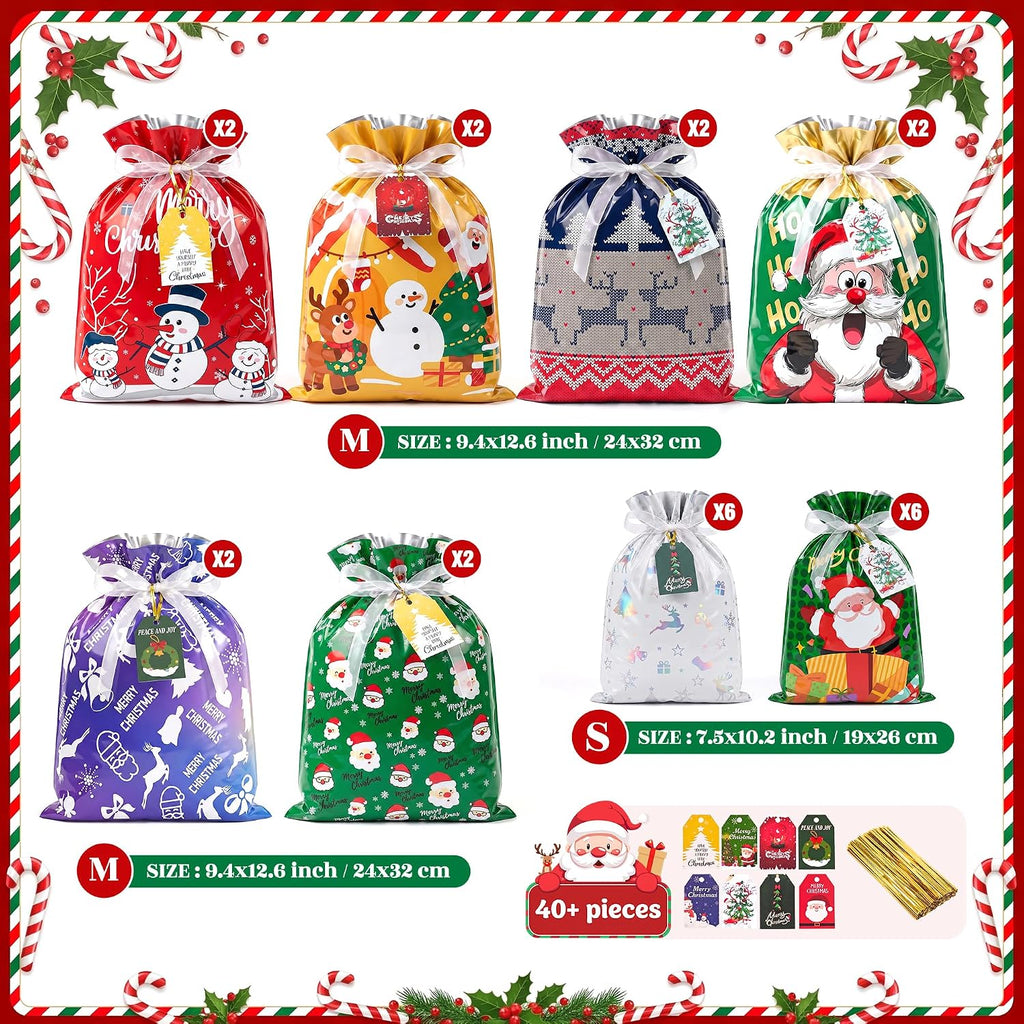 40PCS Christmas Drawstring Gift Bags, 5 Size Large Medium Small