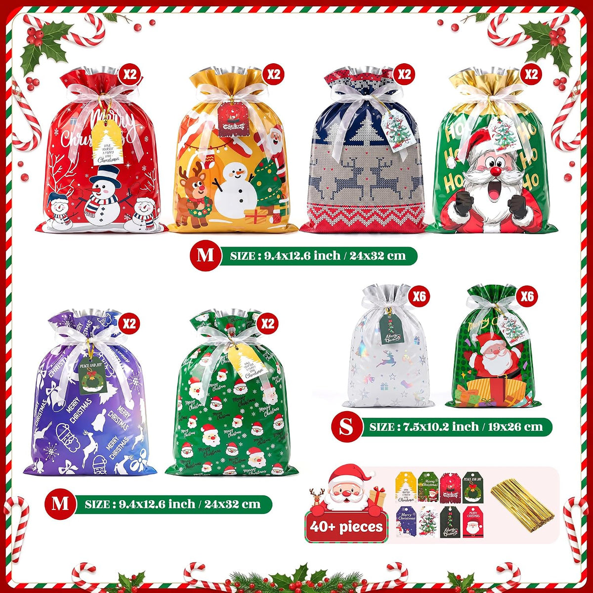 40PCS Christmas Drawstring Gift Bags, 5 Size Large Medium Small