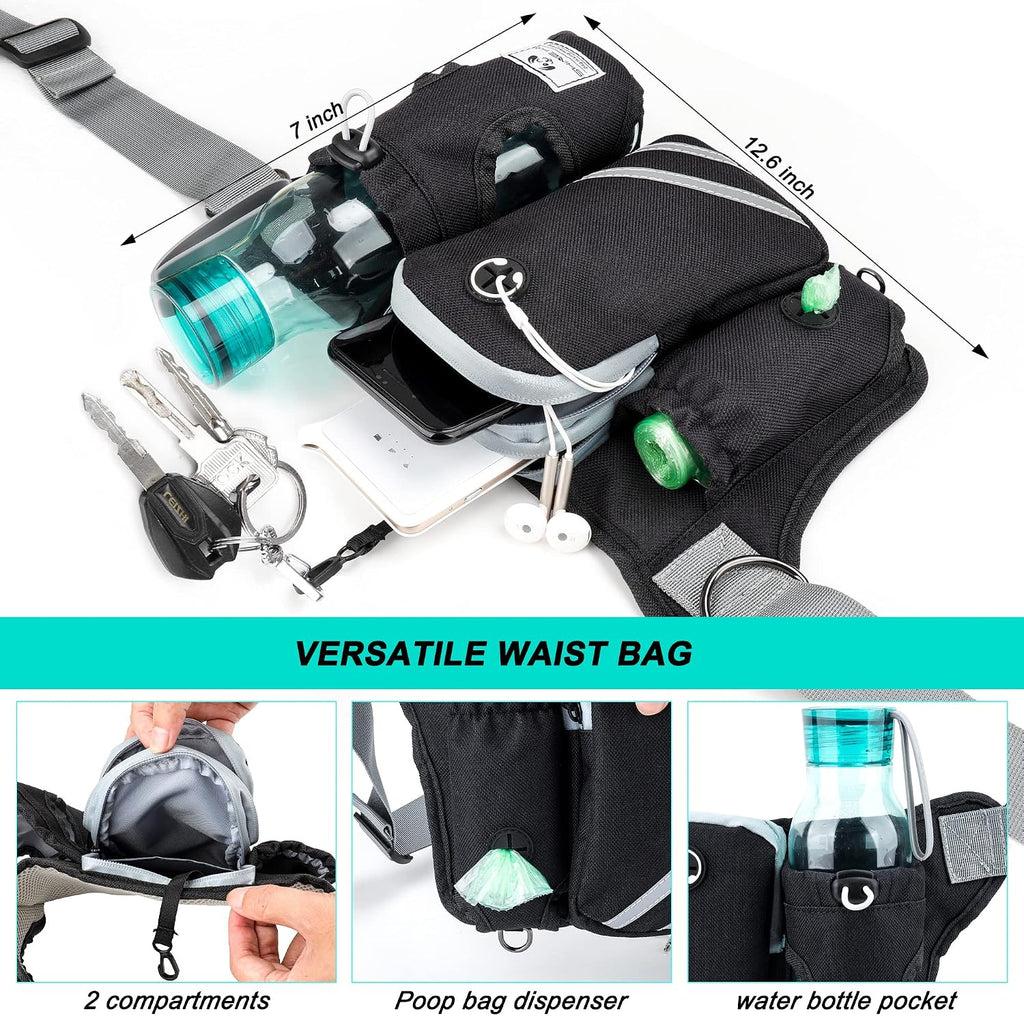 Retractable Hands Free Dog Leash with Dual Bungees for 2 Dogs, Adjustable Waist Belt Fanny Pack, Reflective Stitching