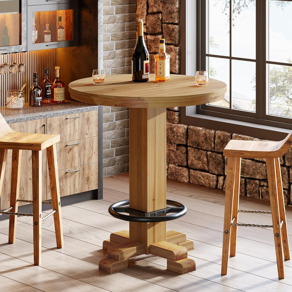 Solid Wood Round Bar Table, 37.4-Inch Bar Height, Bistro Pub Table