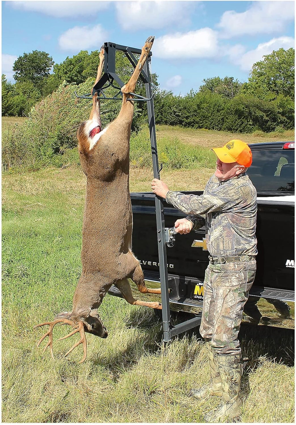 Deluxe Deer Hoist Stand for Hunting with Gambrel, Swivel Truck Hitch Lift System, Game Hanger for Field Dressing, Big