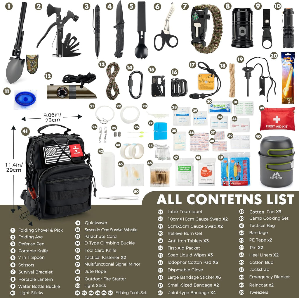 Survival Kit, 246Pcs Emergency Survival Gear with First Aid Kit, Tactical Bag, Camping Axe, Folding Shovel & Solo