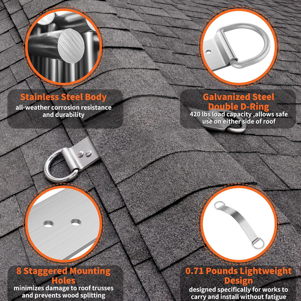 18" Permanent Roof Anchor Bracket - Double D-Ring Fall Protection Roof Safety Anchor, Lightweight & Discreet Design