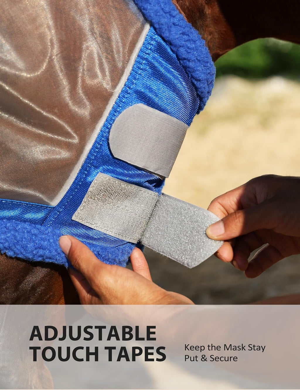 CareMaster Horse Fly Mask UV Protective Fine Mesh with Extra Wool Soft Touch on Skin Champion Blue-Silver L
