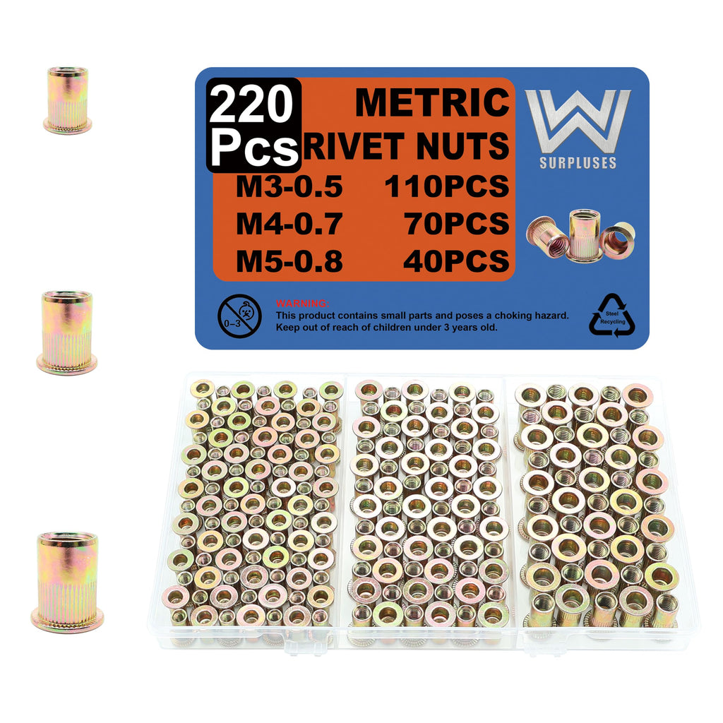 220Pcs M3 M4 M5 Rivet Nut Kit, Metric Rivnut Kit,Threaded Inserts for Metal