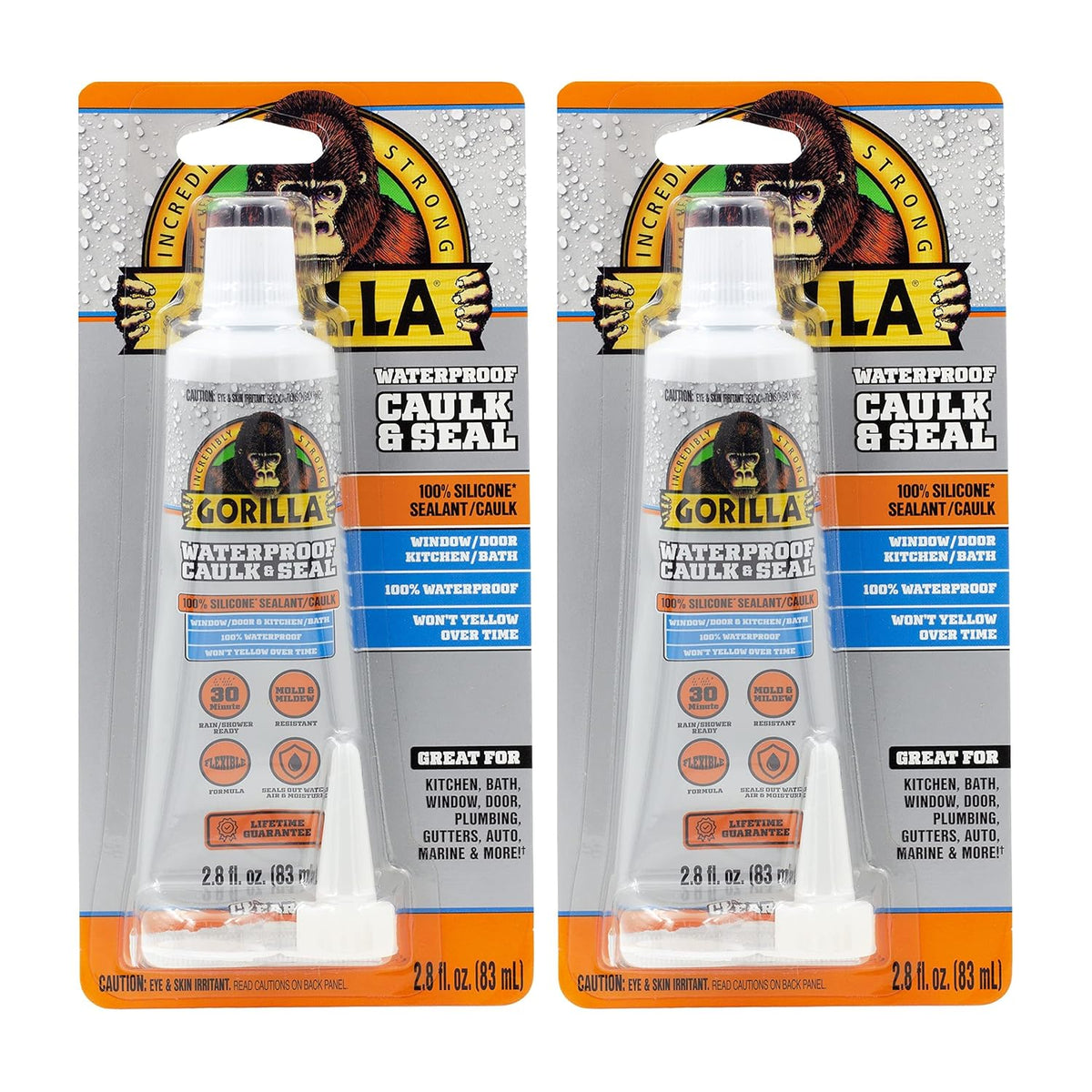 100% Silicone Caulk, 2.8 oz, 10 Year Mold Resistant, Clear, 2-Pack