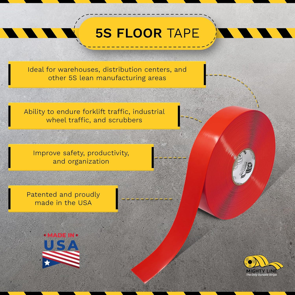 5S Floor Marking Tape, 2 in Wide, 100 ft Roll, Red