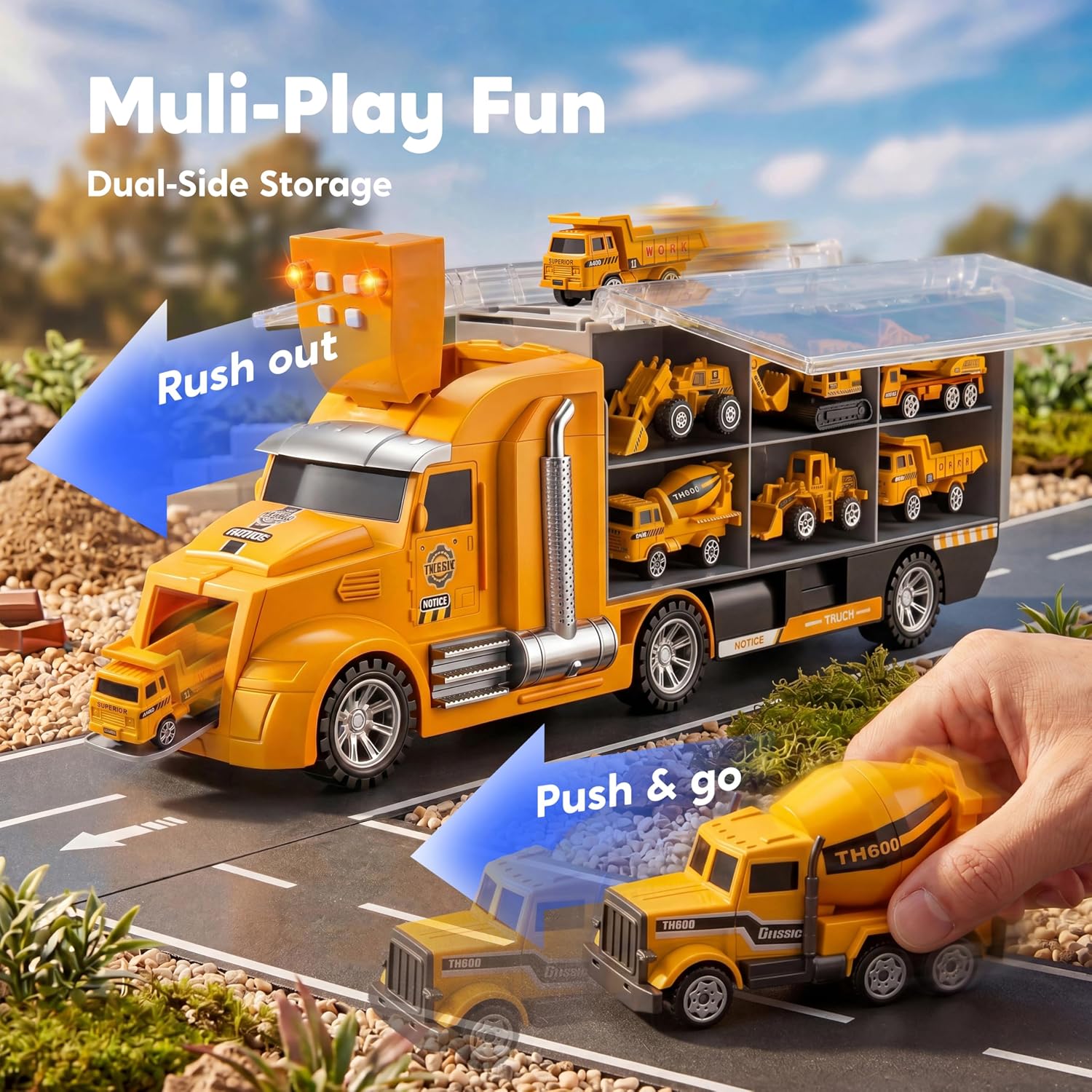 25-in-1 Construction Truck Toy Set with 12 Vehicles & 12 Worker Figures, Push and Go Toy Trucks with Sound and Light