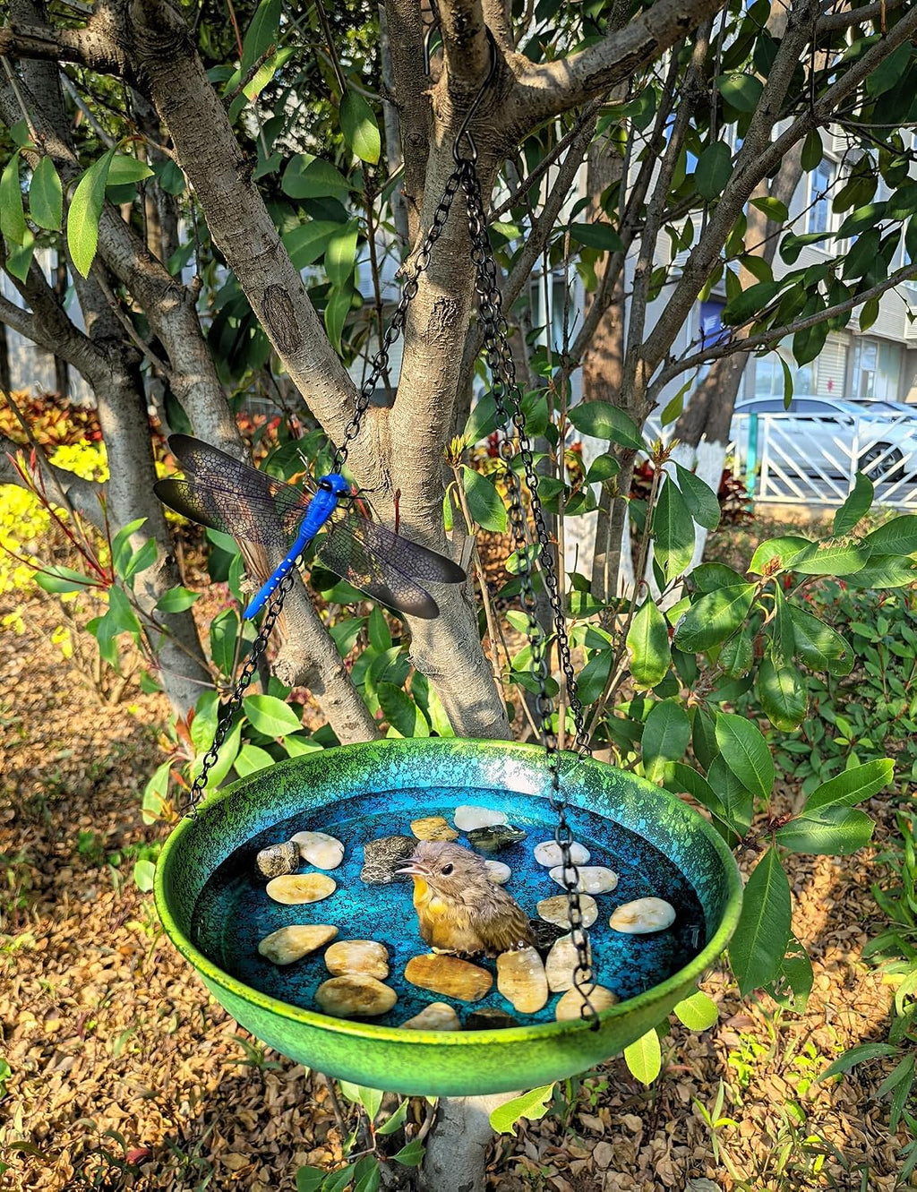Hanging Bird Bath for Outside Metal Hanging Bird Feeder Window Birds Feeder Hand-Painted Blue and Green Gradient 11