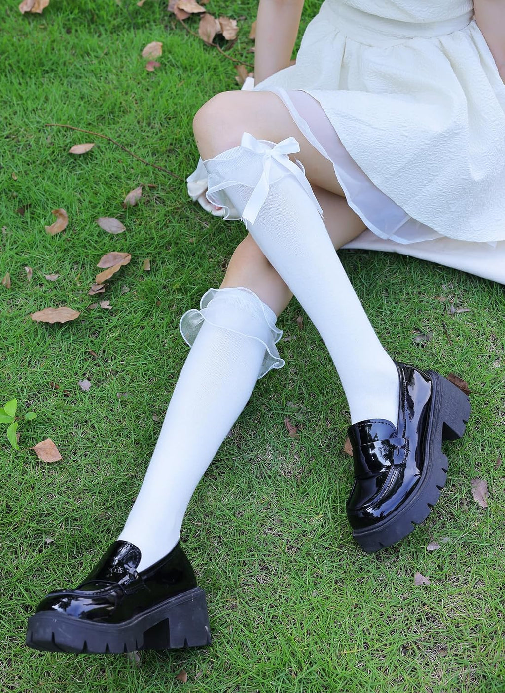Women Girl's Cotton Knee High Socks with Lace Ruffle Trim Socks, Calf Socks Bow Style…