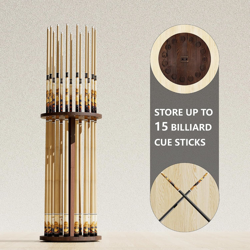 360° Rotating Natural Wood Pool Stick Holder, Floor Stand Pool Cue Rack Holds 15 Sticks, Storage Organizer for