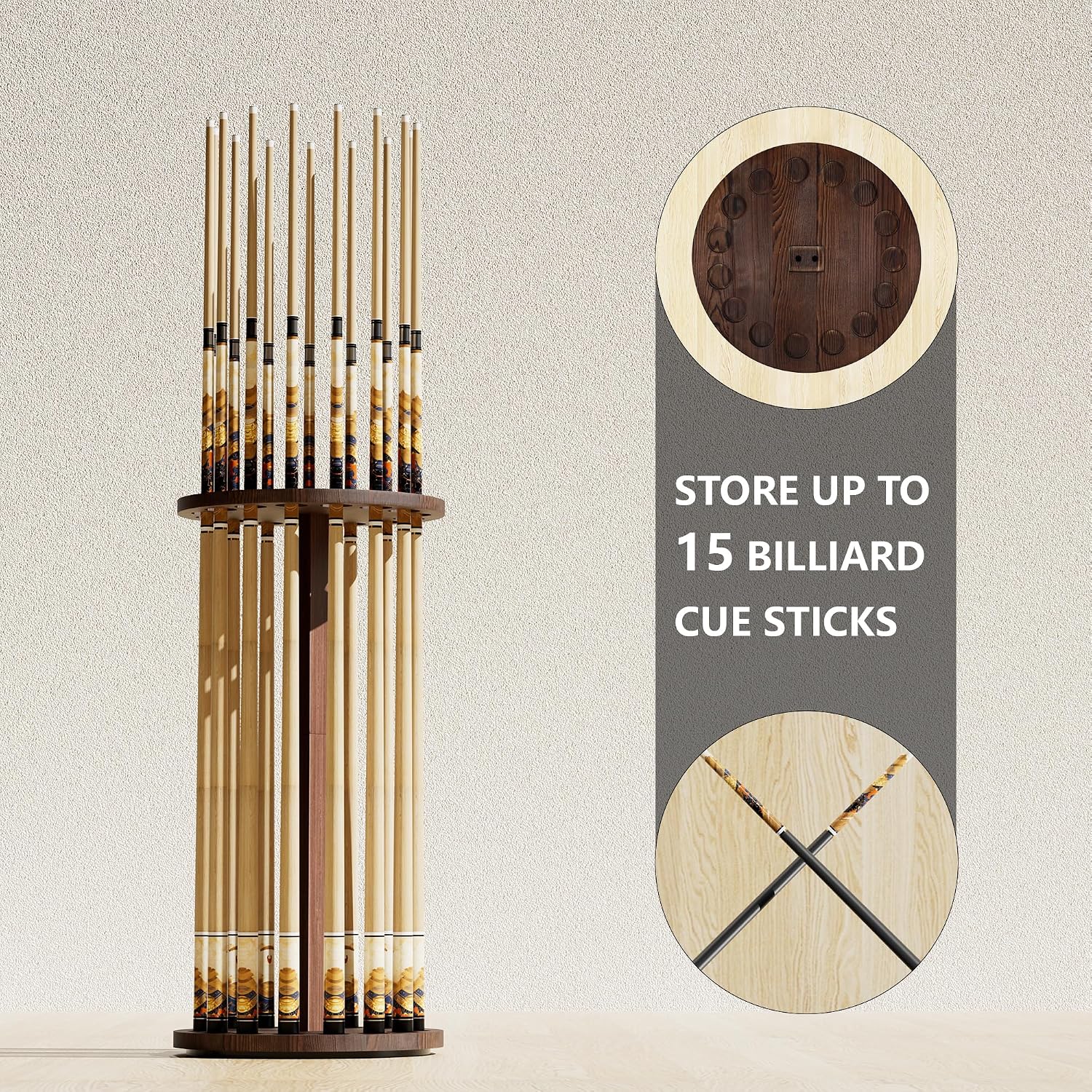 360° Rotating Natural Wood Pool Stick Holder, Floor Stand Pool Cue Rack Holds 15 Sticks, Storage Organizer for