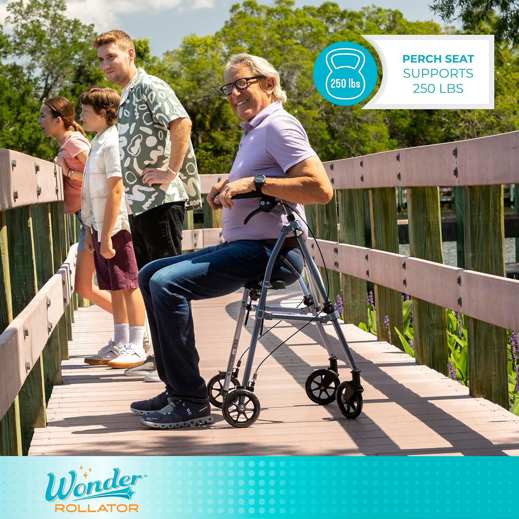 Stander Space Saver Rollator, Lightweight Folding Rolling Walker with Seat for Seniors & Adults, 4-Wheel Mobility Aid