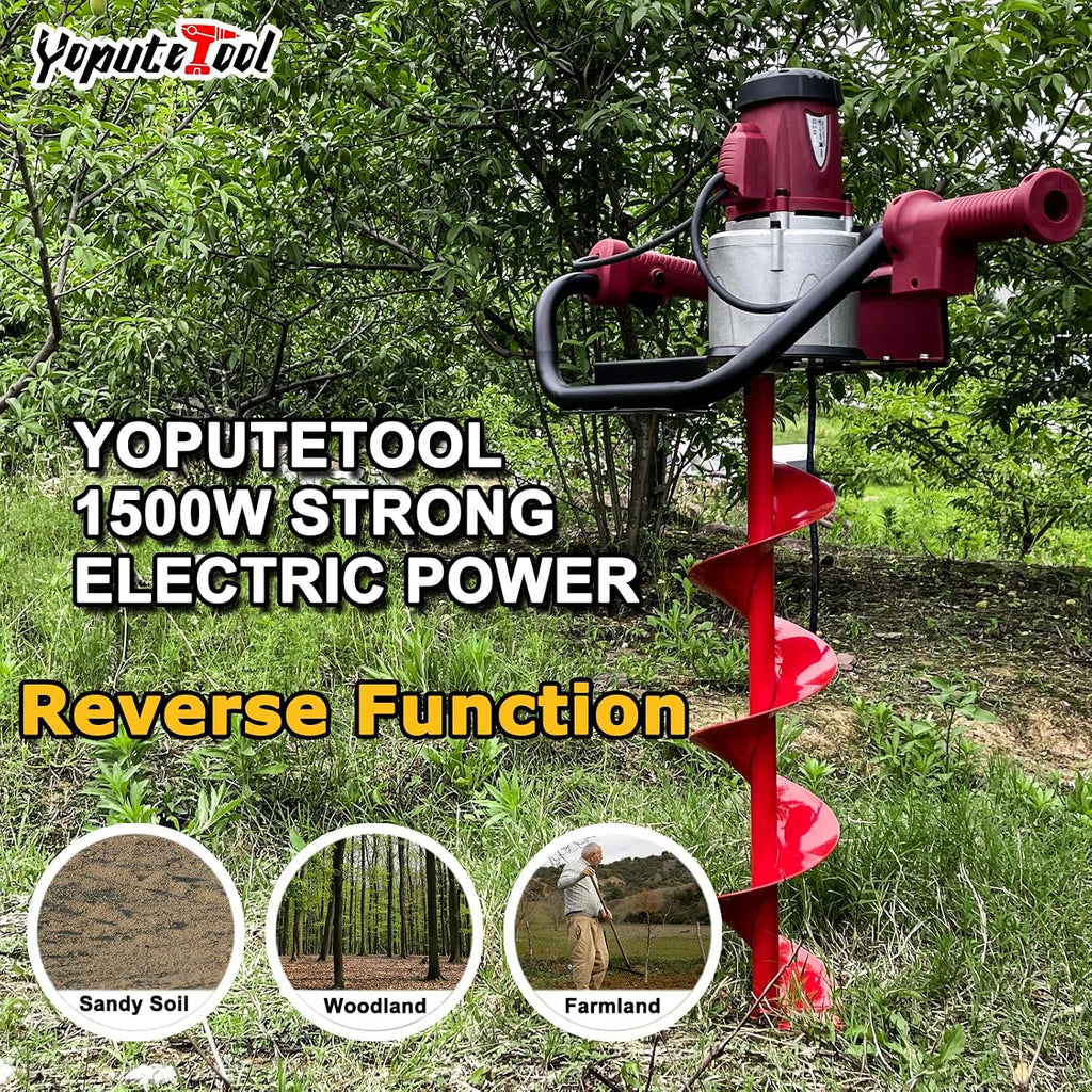 1500W Electric Post Hole Digger with 6" Bit, Red | 110V, 200RPM, 90ft-lb Torque, 6" Bit, Safety Lock, Anti-Vibration