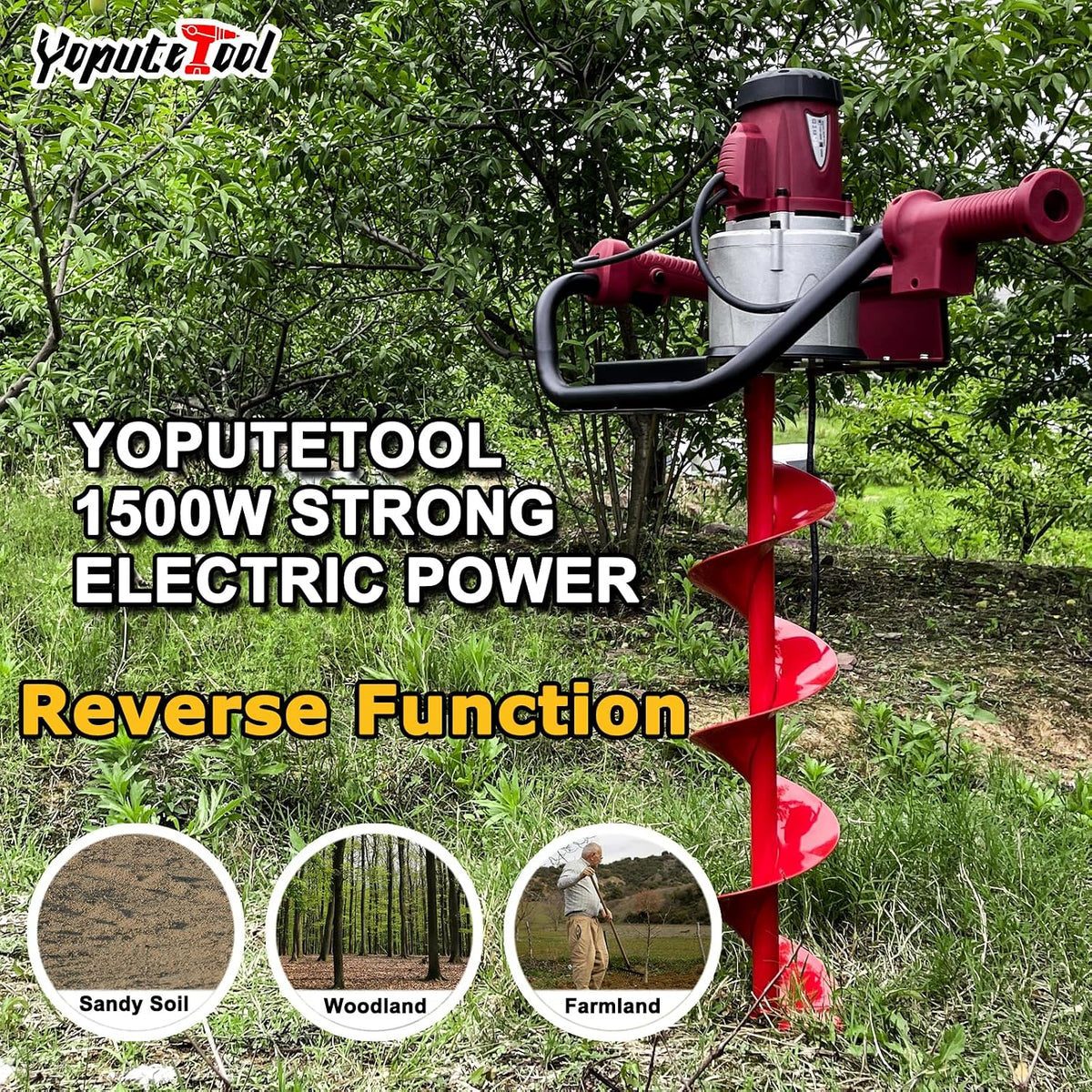 1500W Electric Post Hole Digger with 6" Bit, Red | 110V, 200RPM, 90ft-lb Torque, 6" Bit, Safety Lock, Anti-Vibration